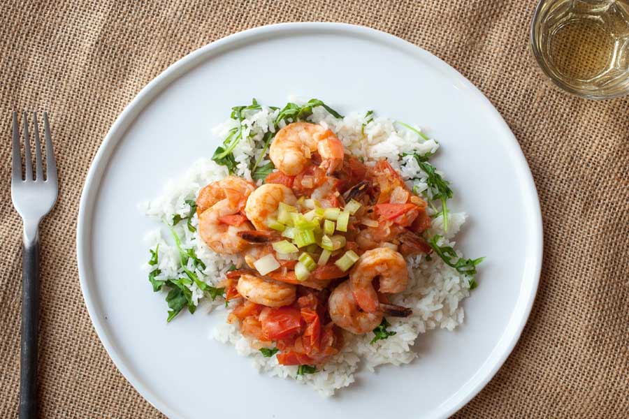 Bloody Mary Shrimp with Rice and Wilted Arugula
